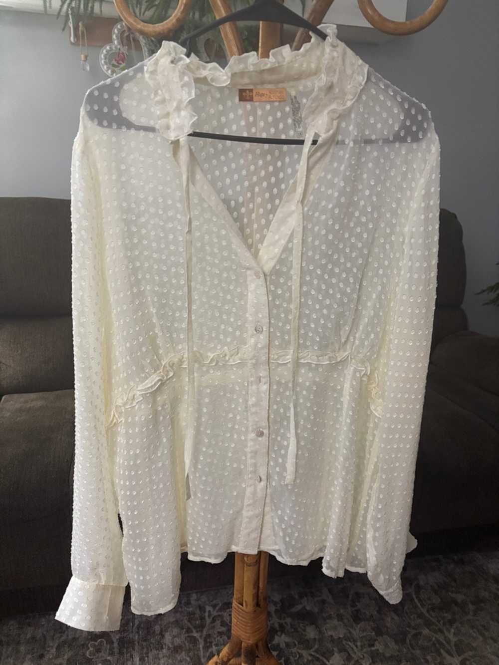 Vintage Cream Ruffle Tie-Neck Swiss Dot Blouse